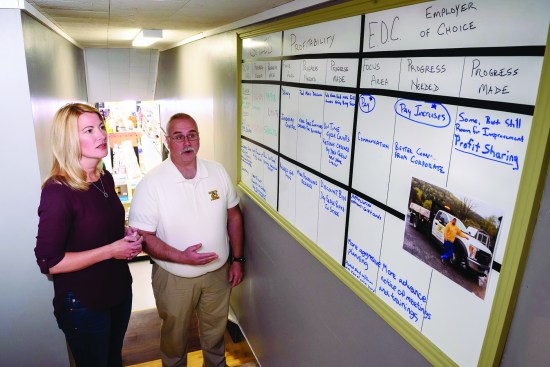 Lean thinking revolves around a Plan-Do-Check-Act cycle. Here, Lindsay LaRuffa, director of sales and operations for the central division at Curtis Lumber, confers with Bill Cairns, manager of Curtis' facility in Delhi, N.Y.