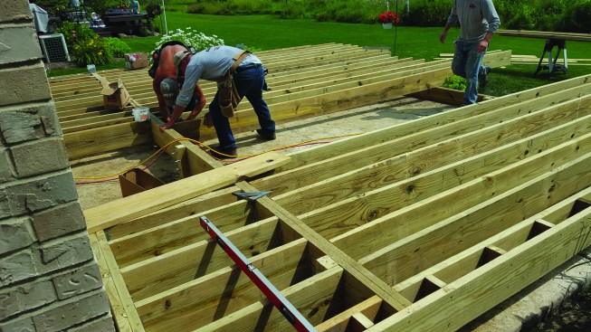 Because the composite decking would be installed at a 45-degree angle to the framing, the joists were installed on 12-inch centers to meet the decking’s span requirements.
