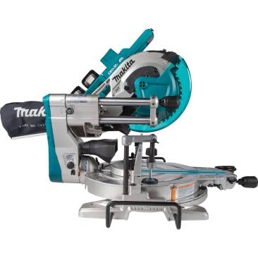 The Makita XSL06PT is a cordless 10" dual-bevel sliding compound miter saw. It is power by two 18V LXT batteries. It features a brushless direct-Drive motor, laser, removable fences, and a fixed rail system so it can be pushed up flush to a wall.