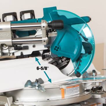 Deep cutting capacity. The XSL06PT can cut up to 6-5/8" crown nested, 5-1/4" speed base upright, and 12" cross cut at 90° in material up to 2-13/16" thick. 