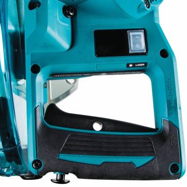 Laser switch and horizontal grip. The power switch and grip run perpendicular to the blade instead of parallel to it. An on/off switch for the laser sits just behind the saw's power witch. 