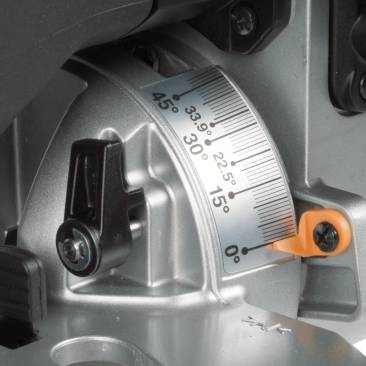 Lock in the bevel. A lat lever to the right of the blade allows you to lock in 22.5° and 33.9° bevel angles to the right or left. 
