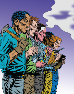 Illustration of construction workers in a line, one with a marijuana bong