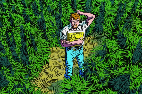 Confused man in marijuana patch holding "employee drug policy" manual