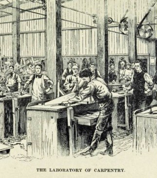Prior to the Smith-Hughes Act (which, by the sheer magnitude of the dollars it poured into states for a segregated vocational system, overpowered all early 20th-century educational reforms), there were other education movements that, while they didn't gain enough momentum to have a big effect on public education, nevertheless had a strong, albeit fleeting, influence on public opinion. One of the more interesting ones was the "manual training movement," which took off after Charles Ham published Mind And Hand: the Chief Factor in Education in 1886 (republished 1900). In this treatise, Ham defines the Ideal School (divided into various Laboratories for different trade skills) and argues that manual training not only is good for skill acquisition but also builds the self-esteem of individuals that is needed for them to become better citizens.
