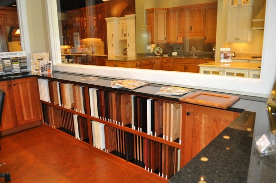 Slatted shelving in the Resource Center allows showroom employees to house up to 270 cabinet door samples they can show clients.
