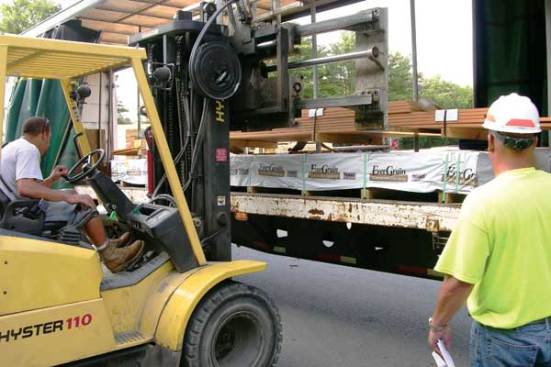 After a 15-minute wait, Crossland gets to enter J.F. Johnson Lumber in Annapolis, Md., and begin delivering a load of decking, ceiling tiles, and balusters.