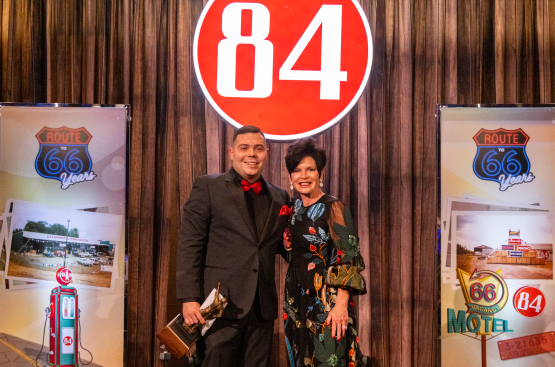 84 Lumber Rookie of the Year Chris Moudy with company president Maggie Hardy Knox.