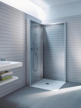 The OpenSpace shower by Duravit and EOOS folds against one wall when not in use. Its clear- or mirrored-glass shower walls fold into a chrome frame to hide fixtures, attachments, and toiletries when not in use. Doors can be lifted and folded into the frame when not in use and lowered until they lock at 90 degrees for use. 770.931.3575. www.duravit.com.