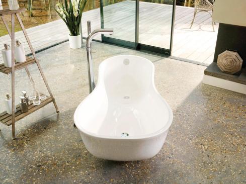 Victoria + Albert added the Cabrits freestanding bathtub, which is cast from a glossy combination of finely ground volcanic limestone and resin. The tub's shape is designed to fit the body's contours and measures 68 inches long, 29 and 3/8 inches wide, and 22 and � inches deep.  800.421.7189. www.vandabaths.com.