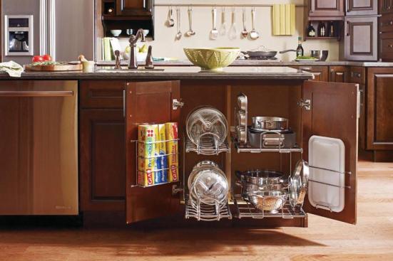 Diamond's Gourmet SuperCabinet, designed for centralized storage of pots and pans, comes in 30-inch and 36-inch widths and includes moveable chrome rail dividers as well as space for plastic wrap containers and a cutting board.  www.diamondcabinets.com. 