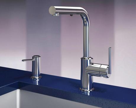 The Cit� faucet from Kalia comes in pull-out and pull-down spray models, as well as two smaller models designed for secondary food prep sinks. The solid brass faucets' multi-functional, extensible/retractable hand-held spray has a silent nylon hose and an ergonomic handle. 418.386.1646.  www.kaliastyle.com.