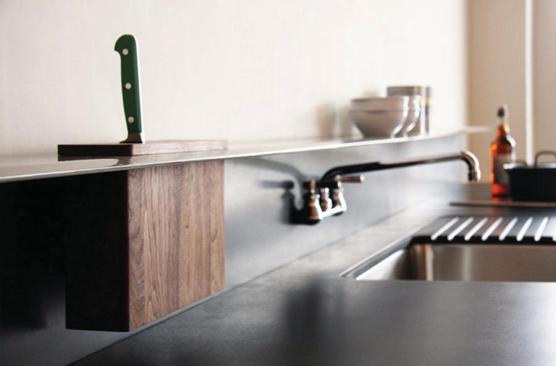 Viola Park's 5-inch, powder-coated-steel backsplash shelf includes an integrated knife block that holds 12 knives and comes in walnut, rift-cut white oak, and bamboo. 206.467.5524. www.violapark.com.