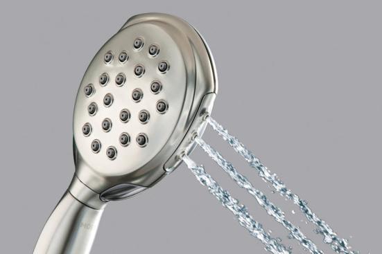 Moen's Twist handheld shower lets users toggle among four water settings using a soft-grip thumb pad and comes in a 2-gallon-per-minute model. A 30-inch vertical slide bar adjusts for multiple heights.800.289.6636. www.moen.com.