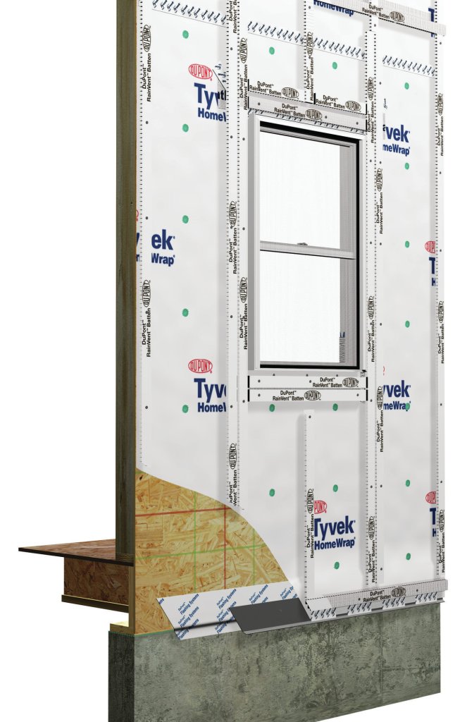 DuPont swaps wood furring for a plastic batten atop a water-resistive barrier in regions that experience moderate to heavy rainfall. The batten improves air circulation and drying behind wood, masonry, stucco, vinyl, or fiber cement claddings.. The RainVent Batten is 1 5/8 inches wide, 3/8 inch thick, and 8 feet long, and it can be stapled in place. DuPont,www2.dupont.com; 800.448.9835.