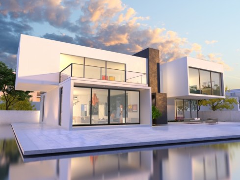 3D rendering of Impressive villa with pool, late afternoon.